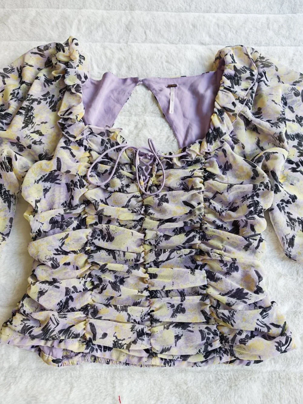 Free People Floral Ruched Blouse Top Puff Sleeve Tie Front Cottagecore Boho Roma - Picture 6 of 13